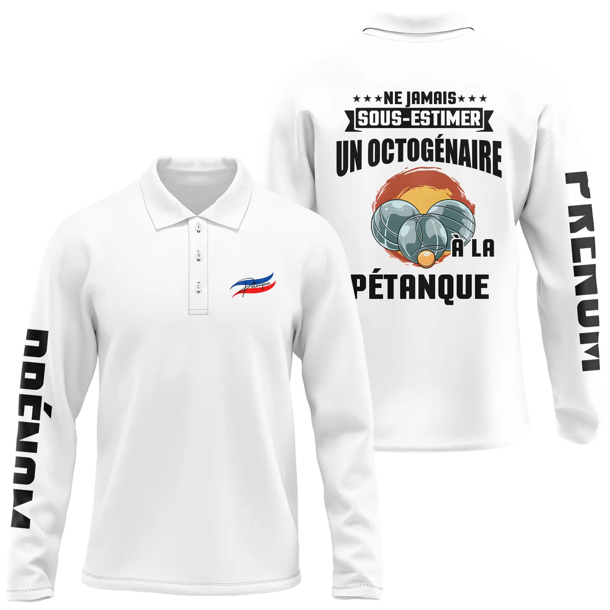 Polo pétanque homme manches longues design boules photo réaliste soleil orange humour senior