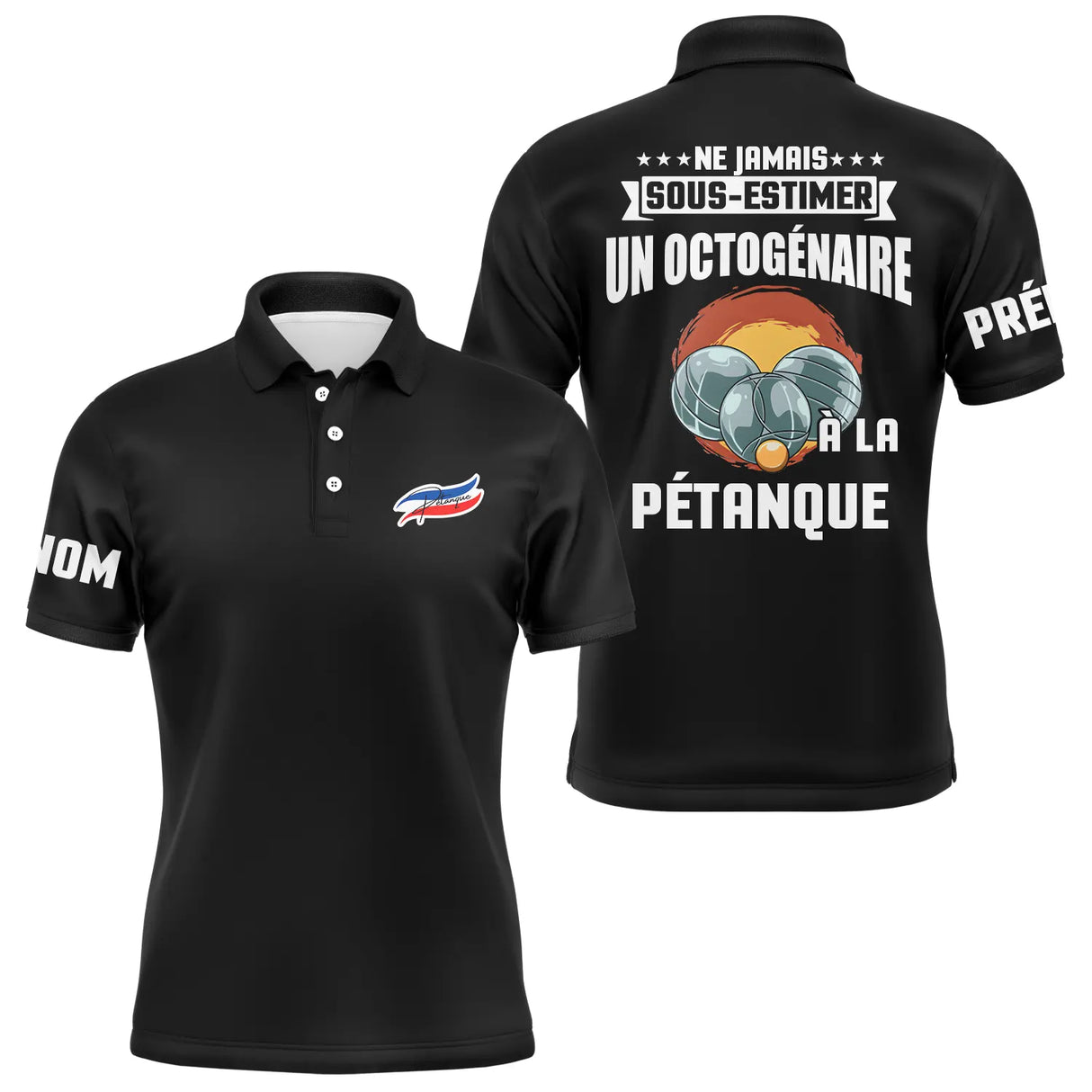 Polo pétanque homme bleu marine ensemble vue avant arrière design octogénaire humour bouliste