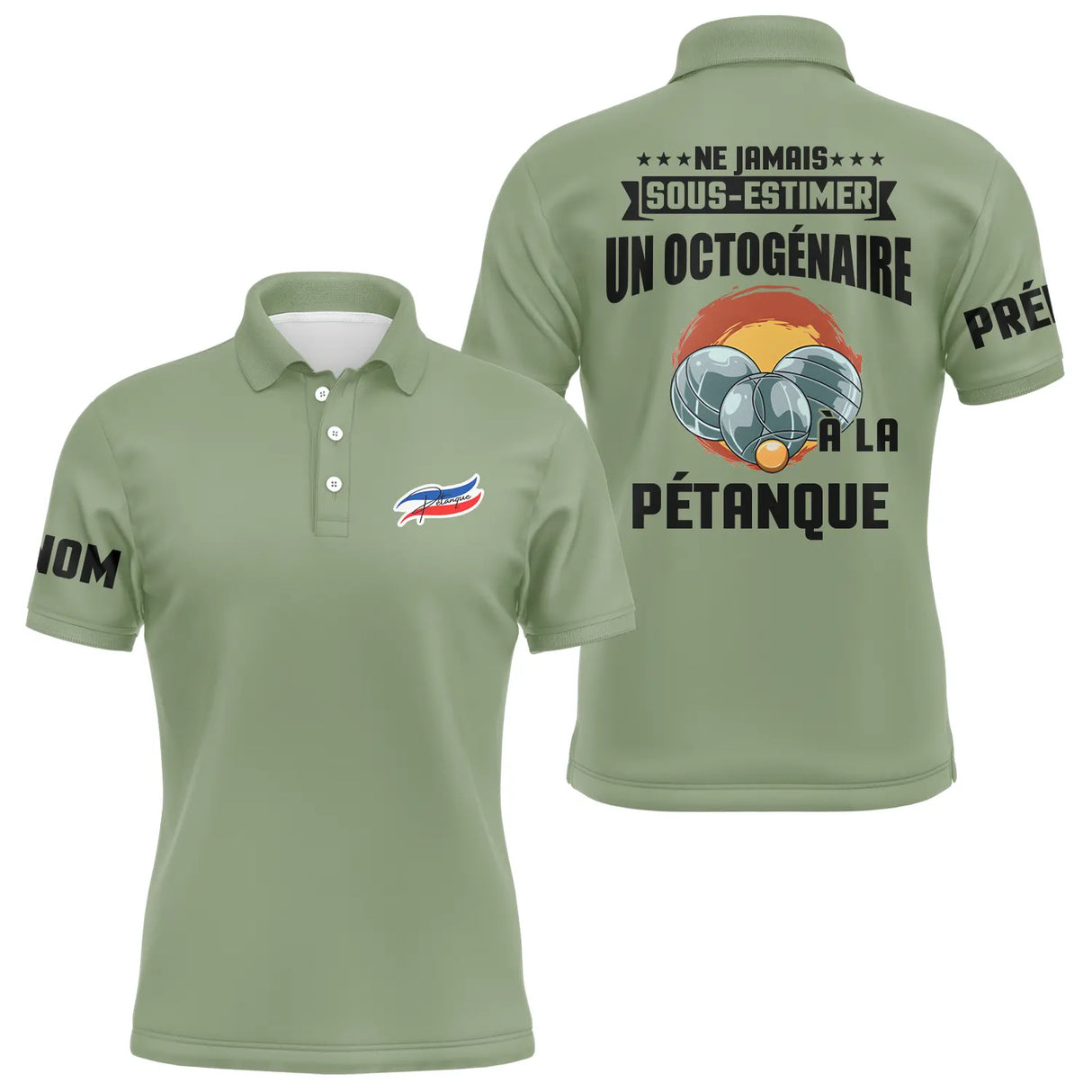 Polo pétanque homme bleu marine vue trois quarts col boutonné personnalisable manche droite
