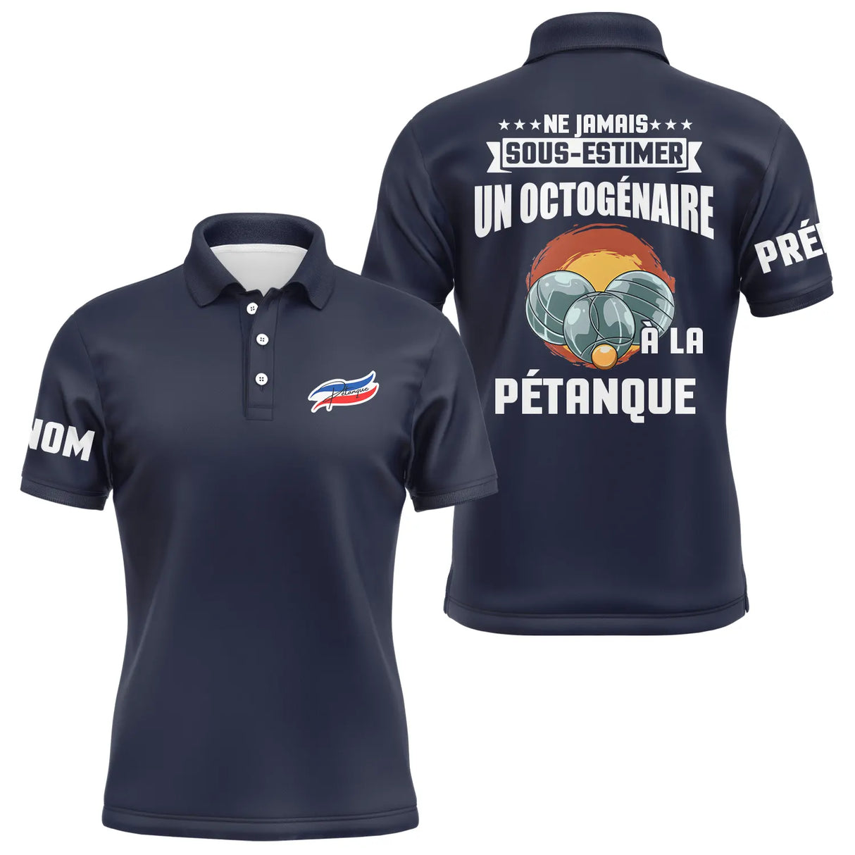 Polo pétanque homme variante design bouliste senior coupe ajustée bouliste octogénaire personnalisable