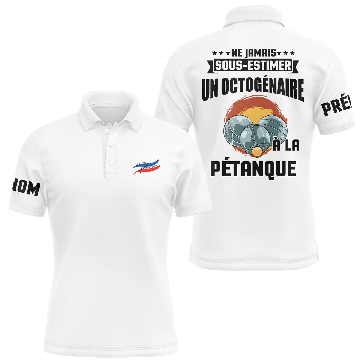 Polo pétanque homme manches longues bleu marine détail message octogénaire boules tricolores