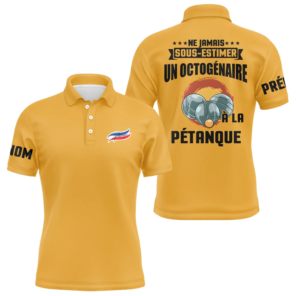 Polo pétanque homme bleu marine vue manche prénom personnalisé sublimation intégrale bouliste