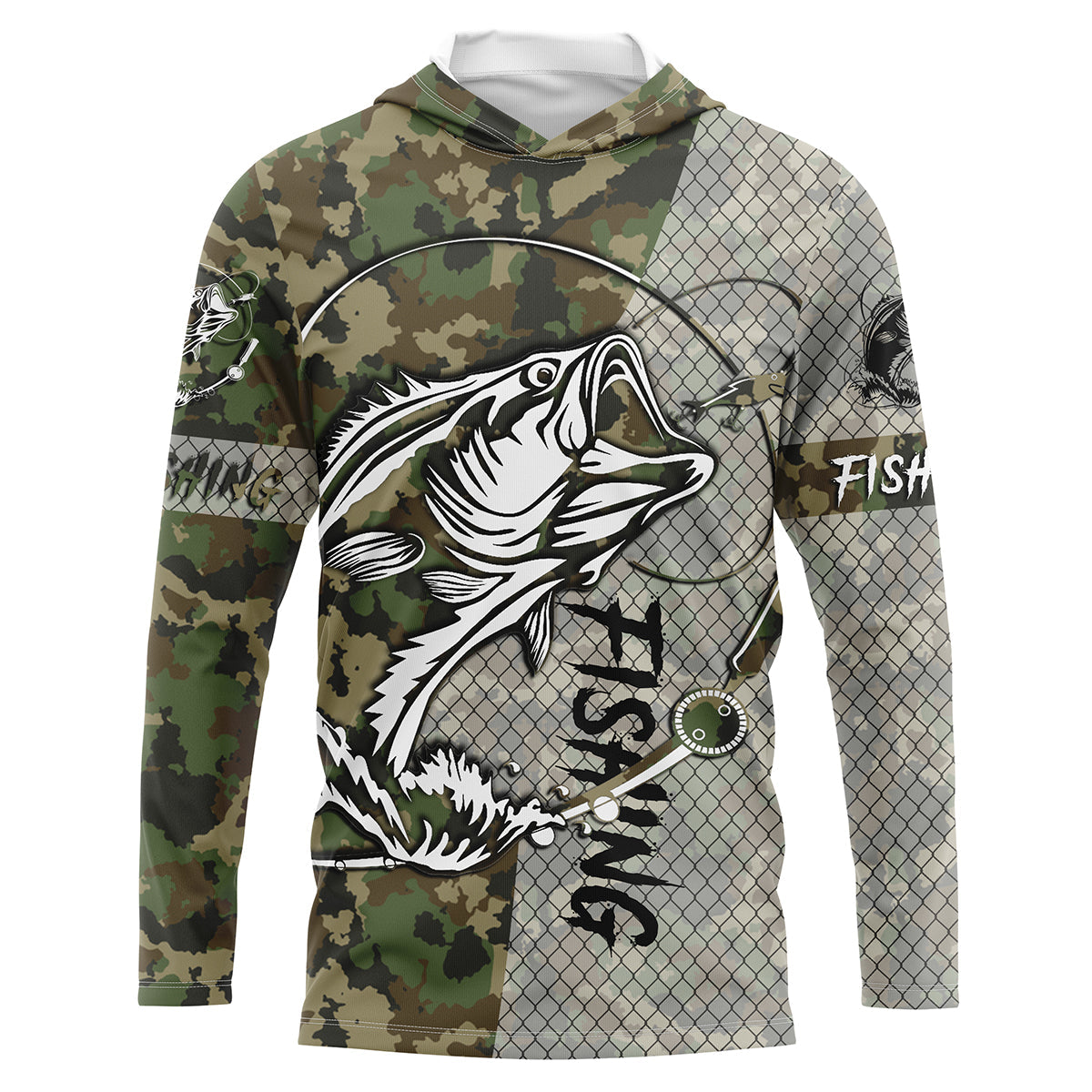 Sweat UV à capuche pêche bar camouflage vert tatouage Fishing