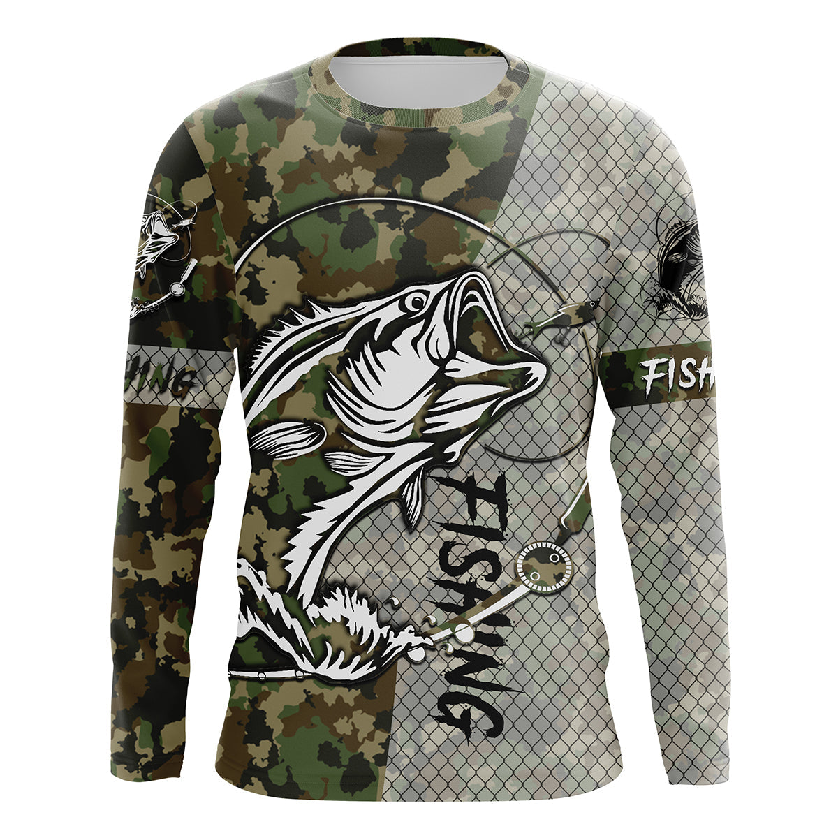 Maillot UV manches longues pêche bar camouflage vert Fishing