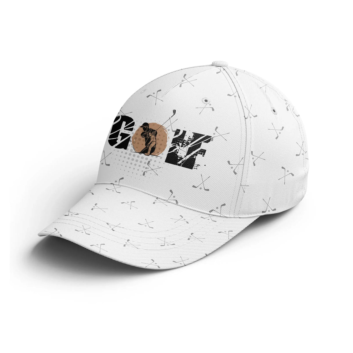 Casquette golf blanche all-over clubs croisés drapeau noir central minimaliste unisexe parcours
