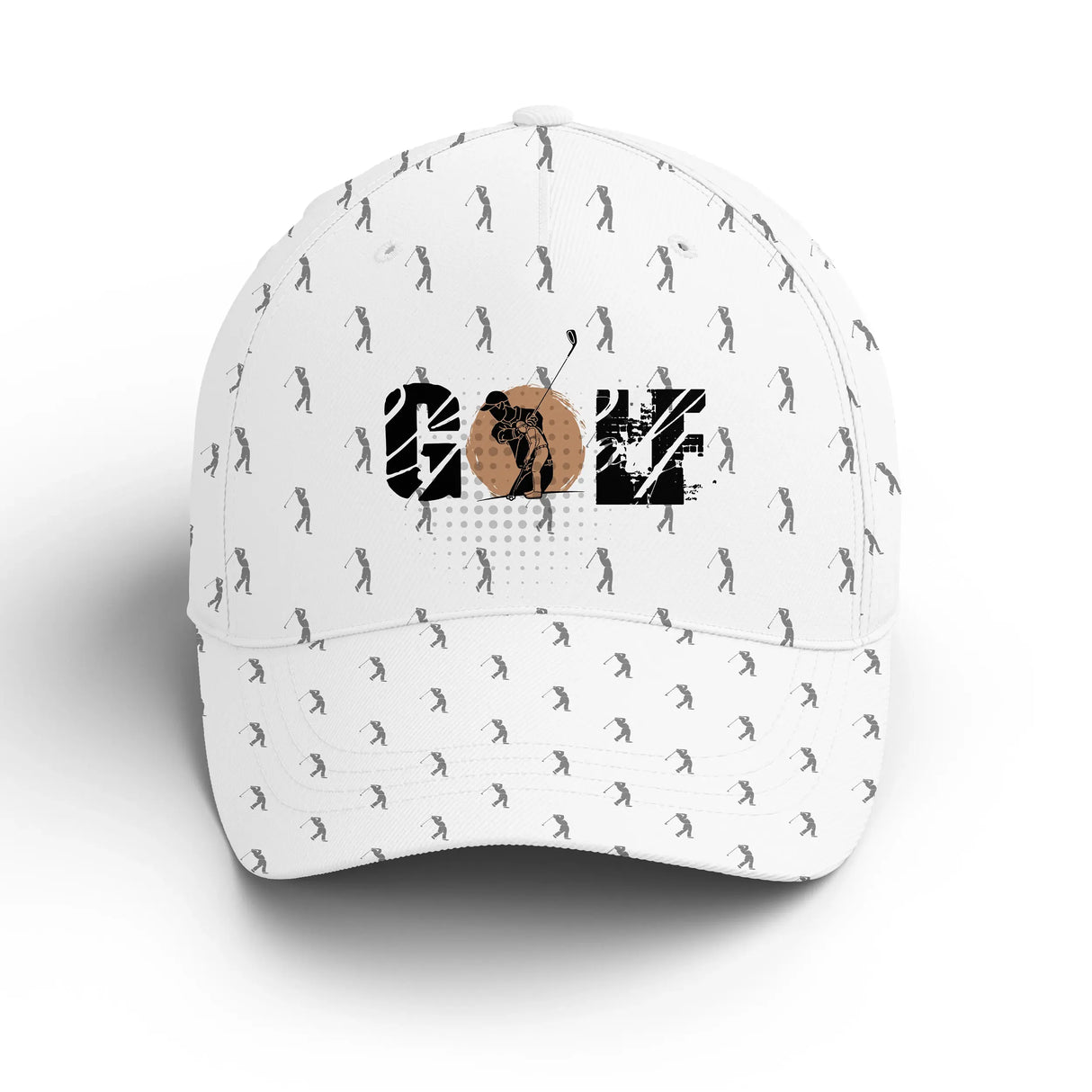Casquette golf all-over blanche silhouettes répétées drapeau central élégant unisexe parcours
