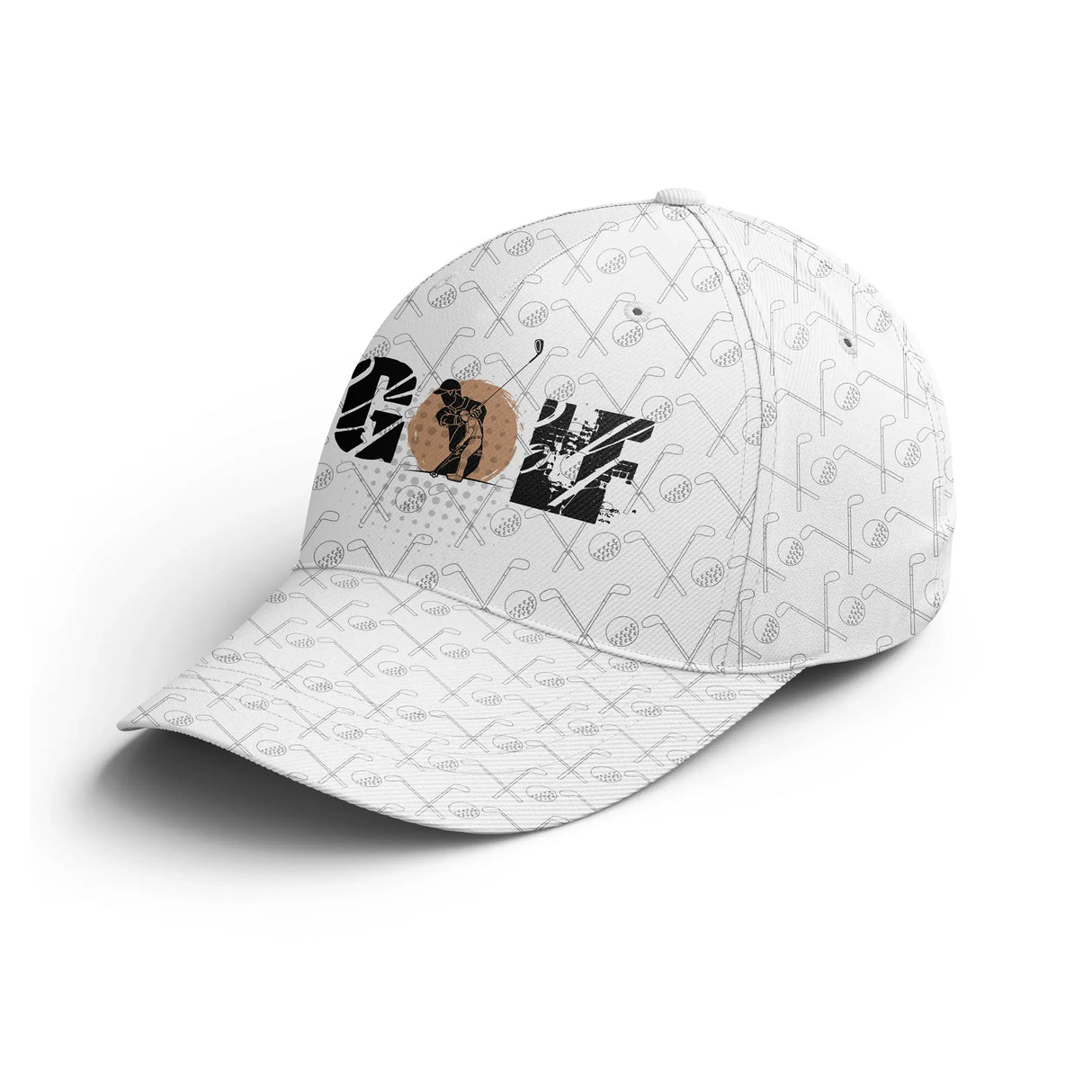 Casquette golf blanche all-over balles tees répétés drapeau noir central minimaliste unisexe