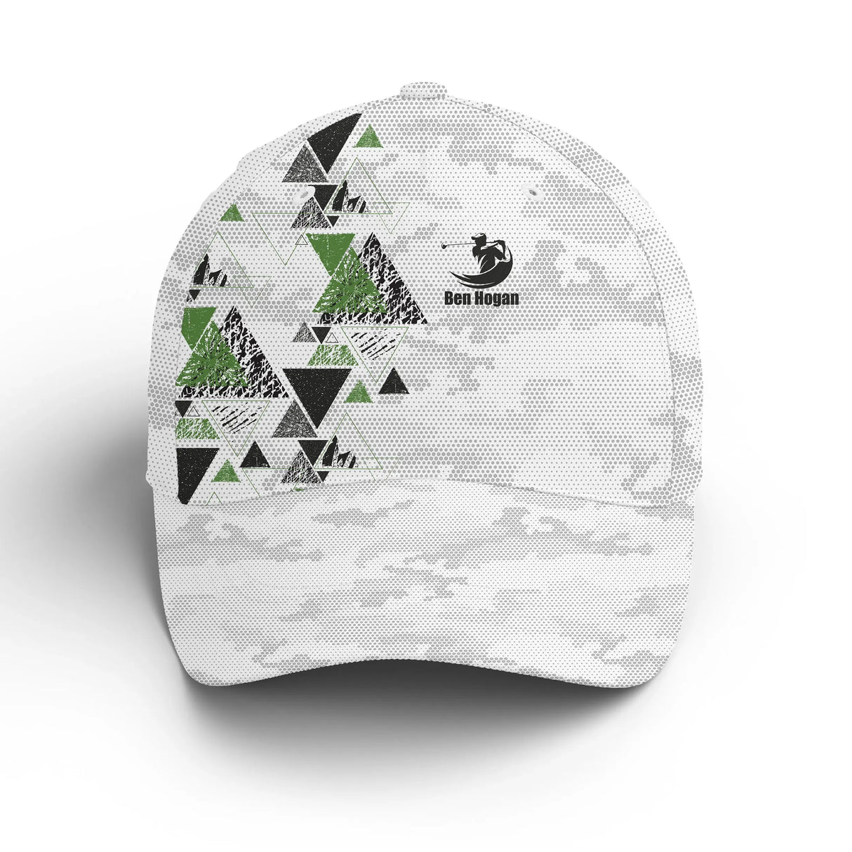 Casquette de golf blanche personnalisable, motif géométrique vert et noir, visière pré-cintrée, accessoire original golfeurs