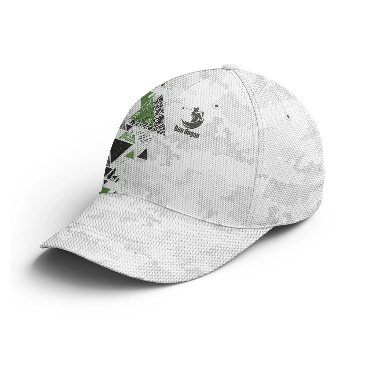 Casquette golf personnalisée camouflage blanc texturé avec panneau avant noir et vert sapin, prénom brodé, cadeau fan de golf