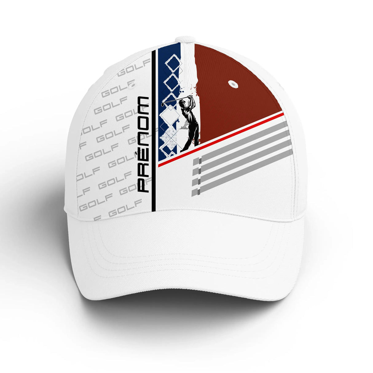 Casquette golf tricolore blanche bleu blanc rouge golfeur prénom broderie côté unisexe personnalisée