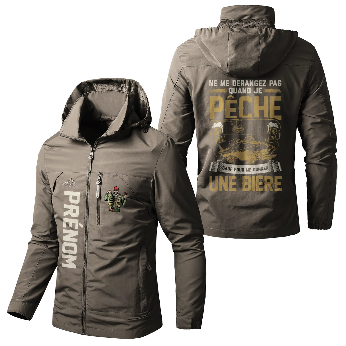 Veste pêche vert kaki à capuche avec slogan humour bière, prénom personnalisé