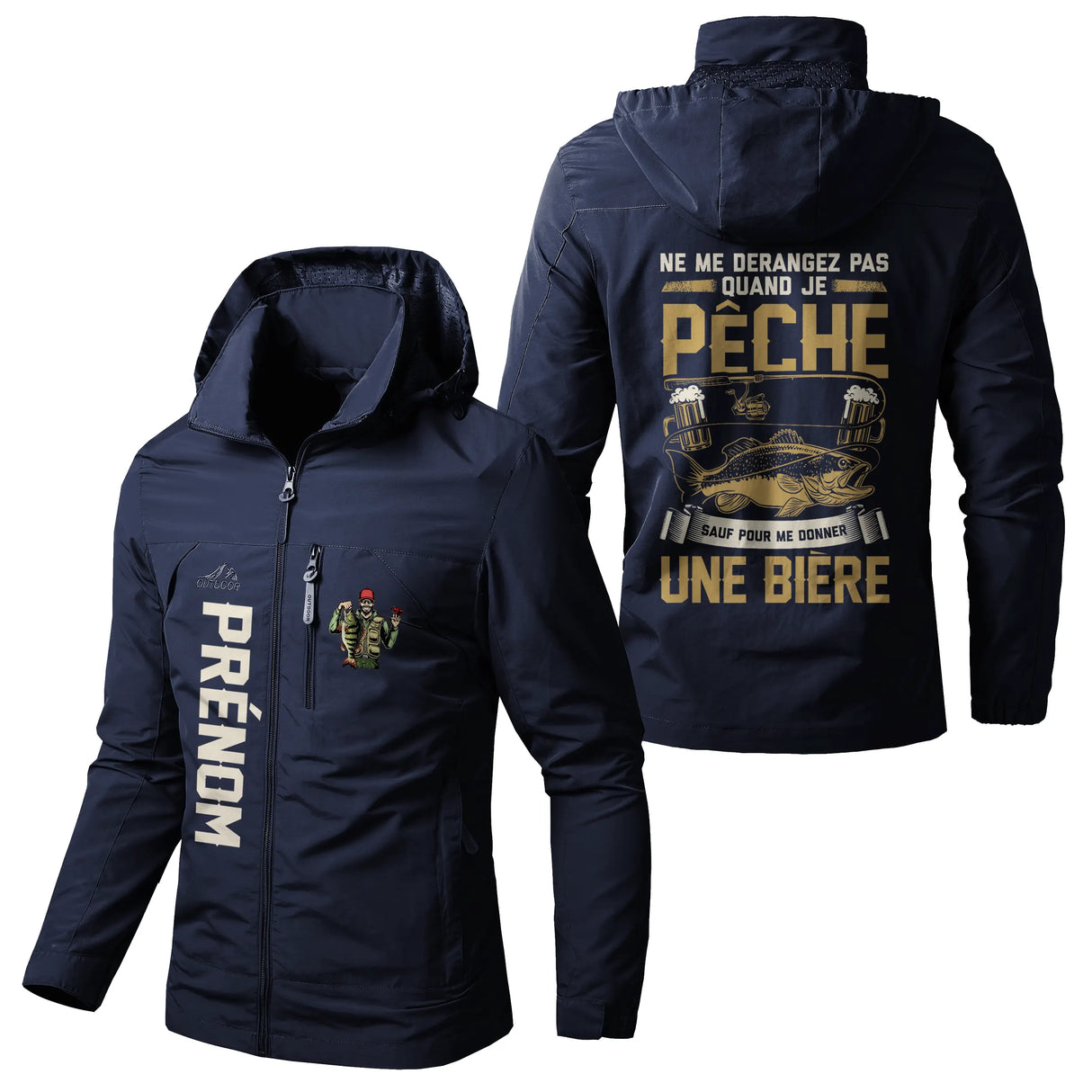 Veste pêche marine à capuche avec slogan dérangez pas bière, prénom personnalisé