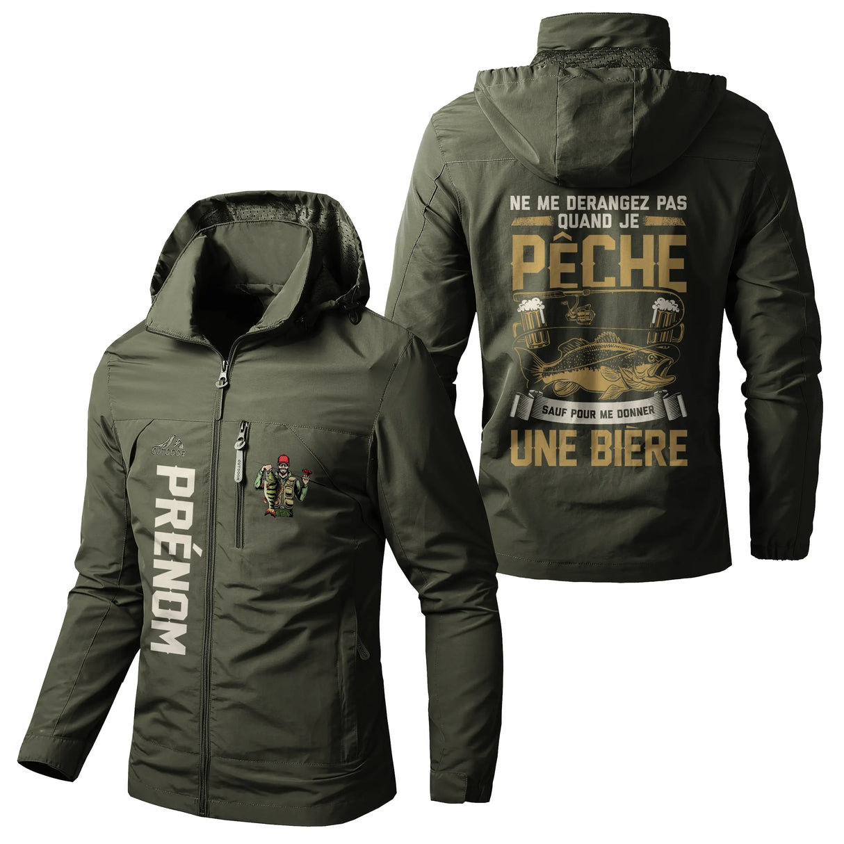 Veste pêche vert militaire à capuche avec slogan humour bière, prénom personnalisé