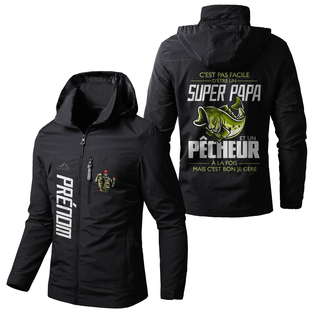 Veste pêche noire à capuche avec slogan Pas facile super papa et pêcheur, brochet, prénom personnalisé