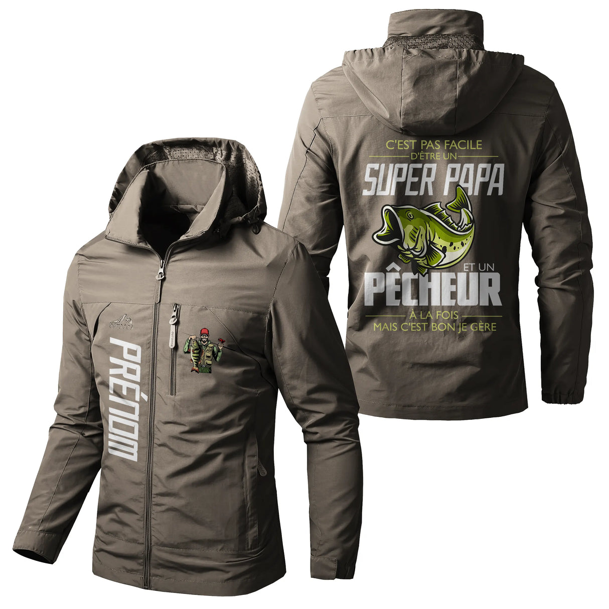 Veste pêche vert kaki à capuche avec slogan papa pêcheur, prénom personnalisé