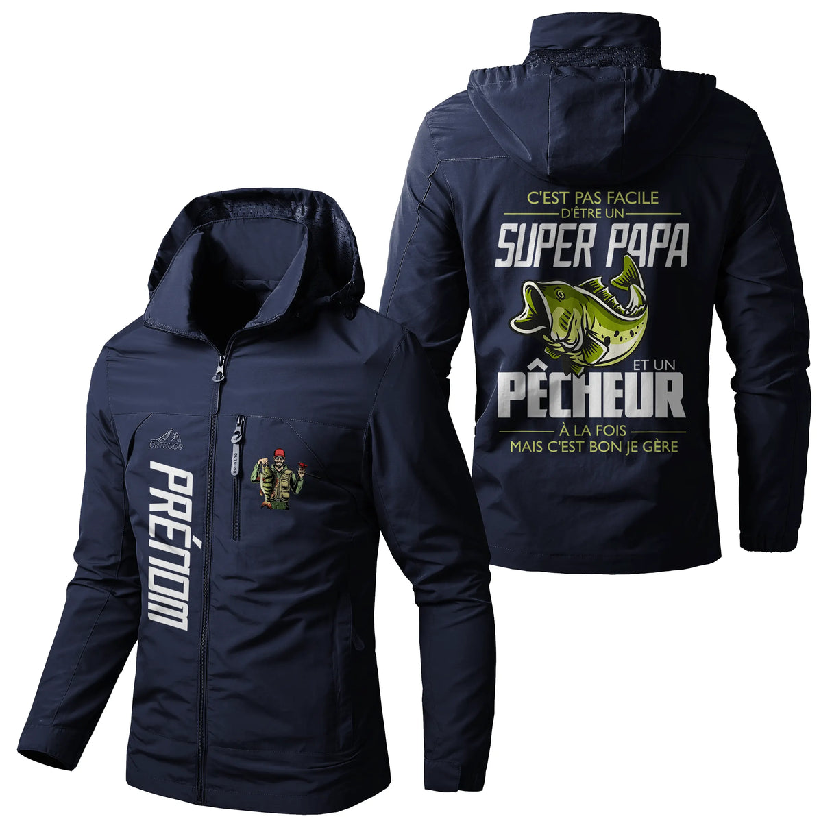 Veste pêche marine à capuche avec slogan super papa, prénom personnalisé