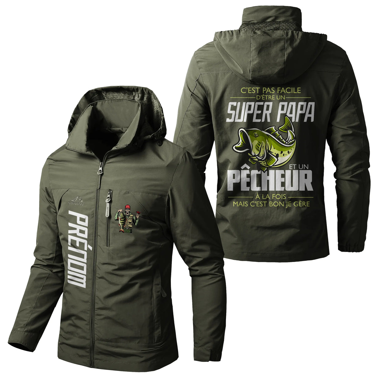 Veste pêche vert militaire à capuche avec inscription pêcheur fête des pères, prénom personnalisé