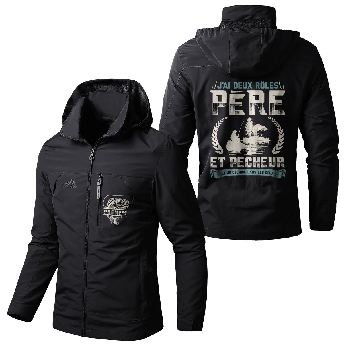 Veste pêche noire à capuche avec slogan J'ai deux rôles père et pêcheur déchire, prénom personnalisé