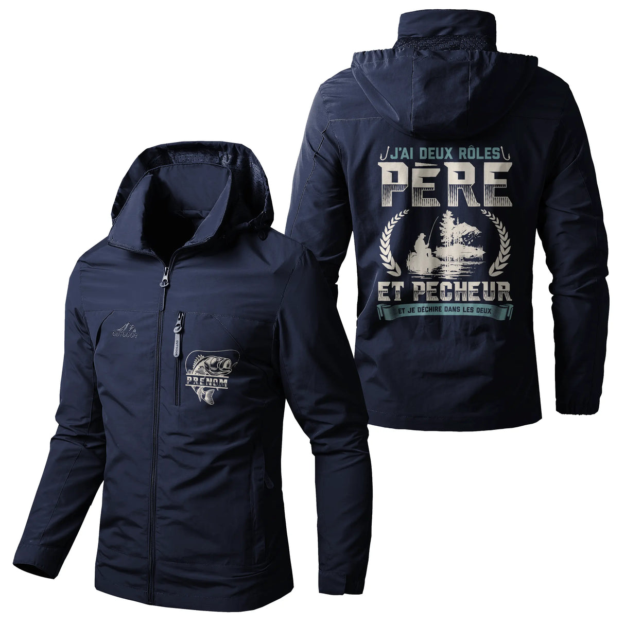 Veste pêche marine à capuche avec slogan deux rôles humour, prénom personnalisé