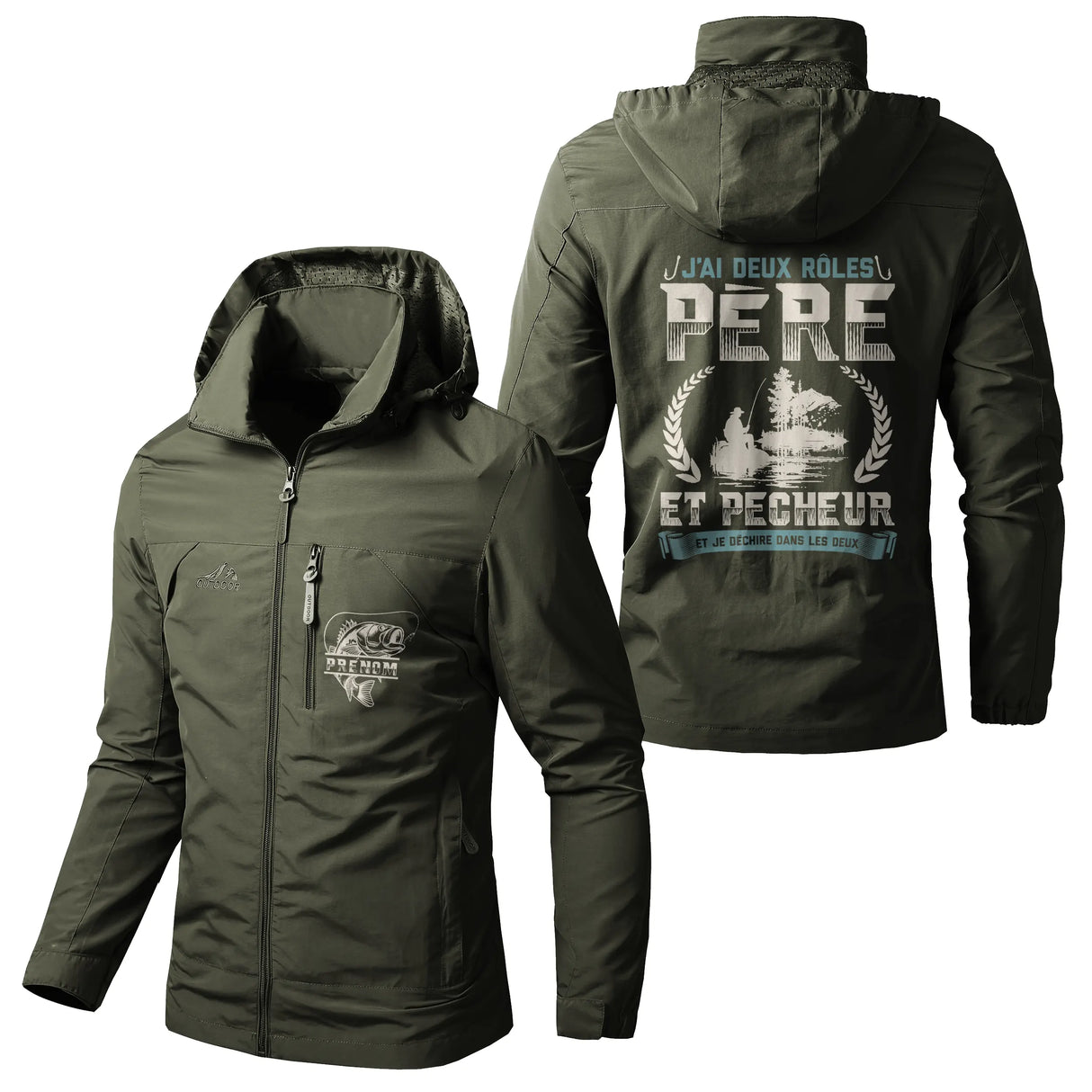 Veste pêche vert militaire à capuche avec inscription père pêcheur, prénom personnalisé