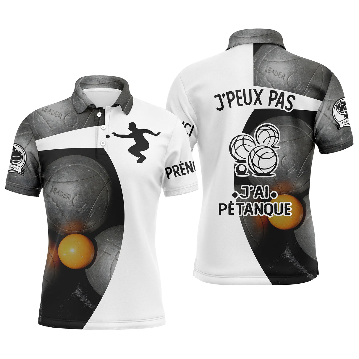 Polo pétanque noir et blanc contraste silhouette joueur lancer boule blanche réaliste j'peux pas j'ai pétanque PRÉNOM