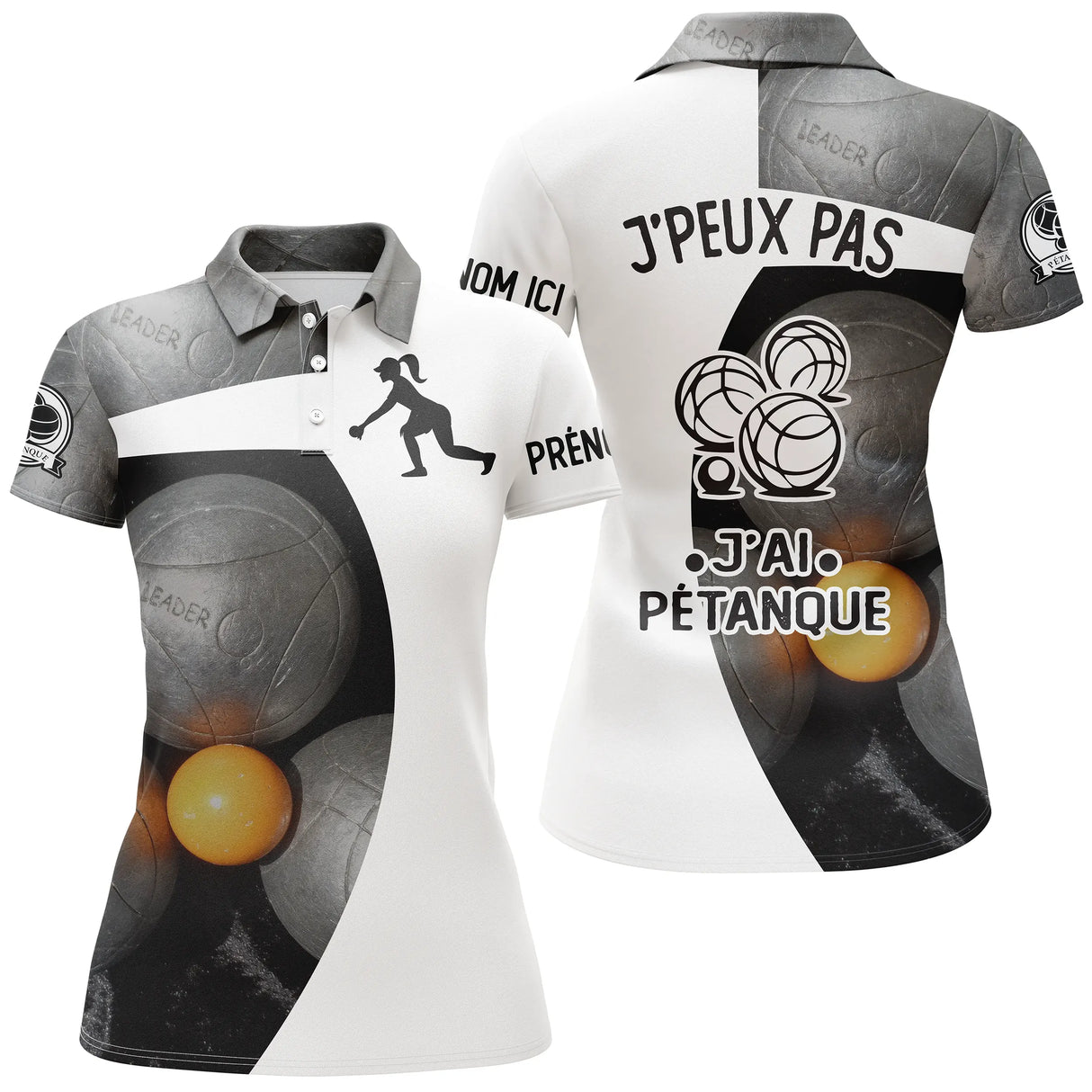 Polo pétanque noir et blanc vue dos message j'peux pas j'ai pétanque silhouette joueur boule