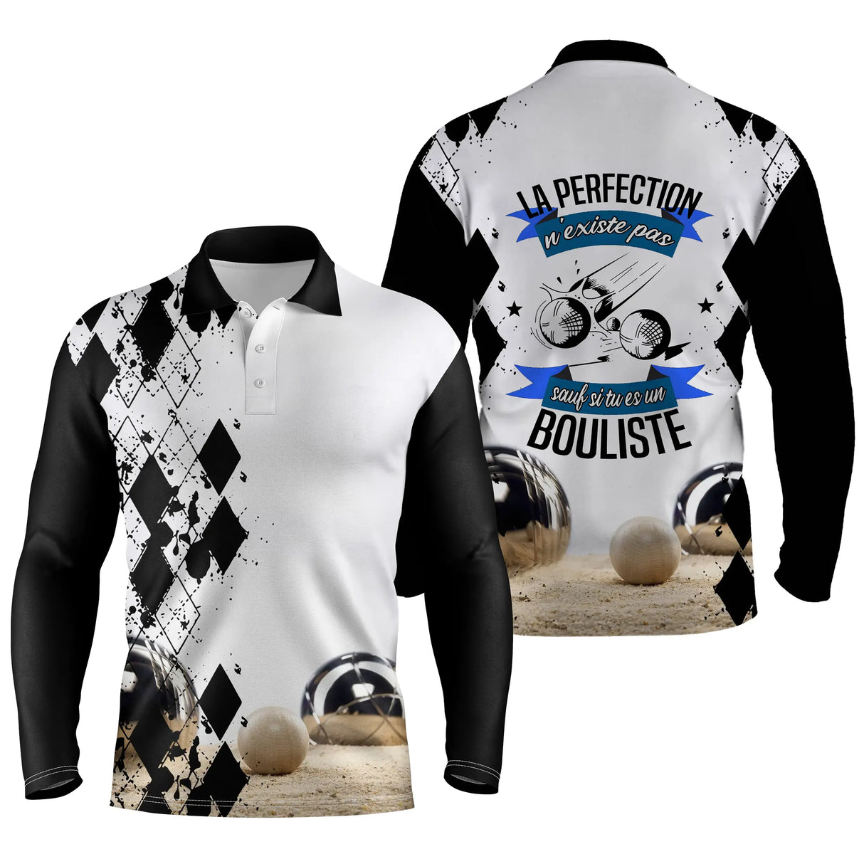 Polo pétanque blanc et noir damier variante coloris citation bouliste design contrasté sportif