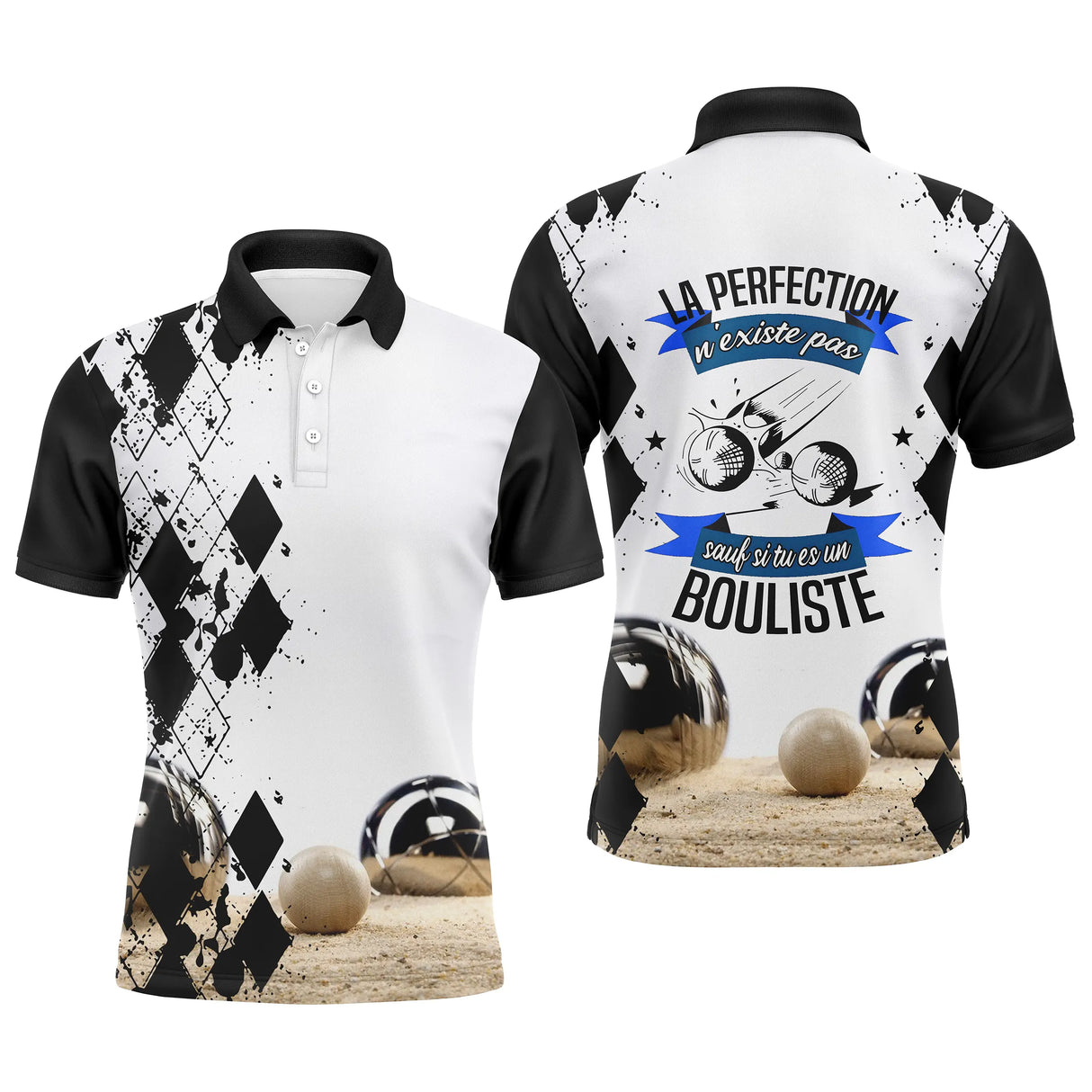 Polo pétanque blanc et noir damier message la perfection n'existe pas sauf si t'es un bouliste boules réalistes sable
