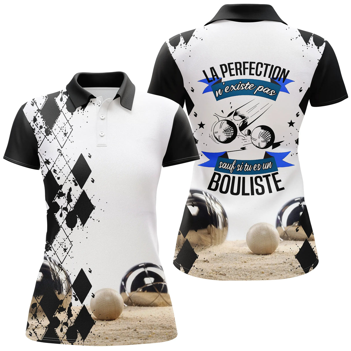 Polo pétanque blanc noir damier vue dos citation perfection bouliste boules réalistes design contrasté