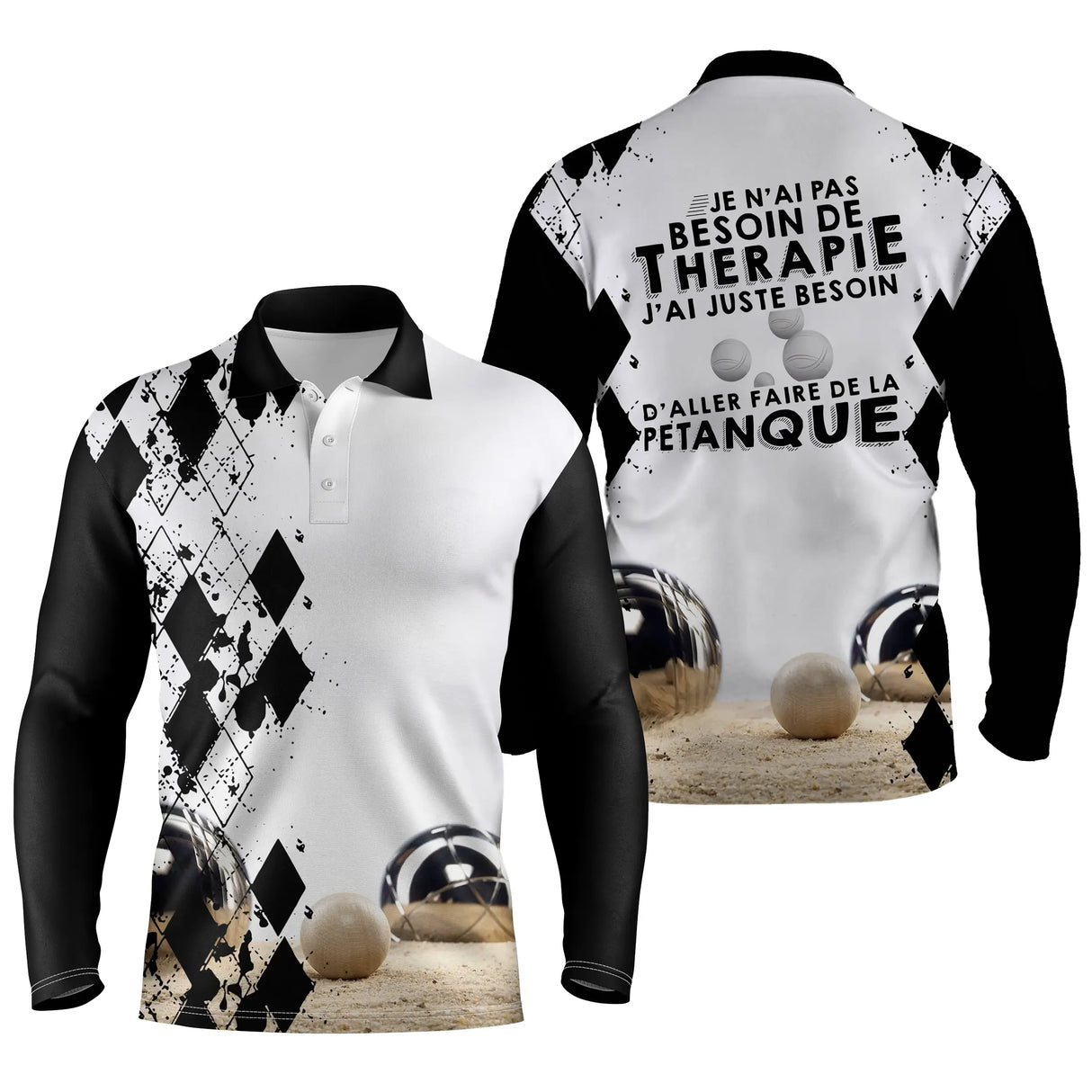 Polo pétanque manches longues unisexe blanc noir argyle, lettrage humour pour bouliste passionné