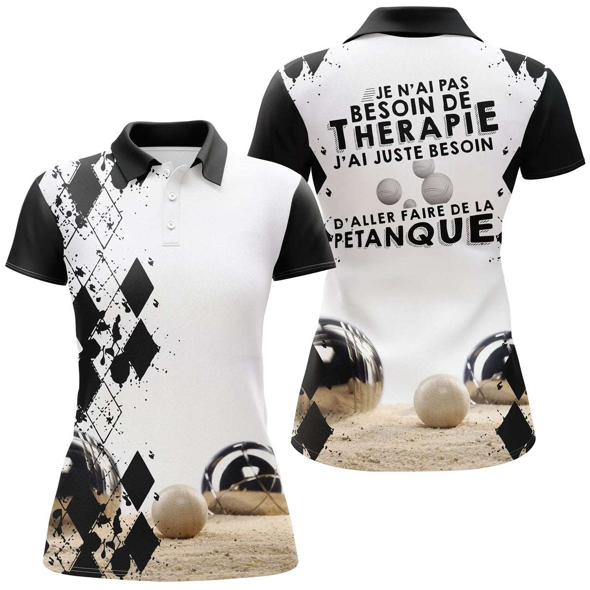 Polo pétanque homme femme manches courtes blanc argyle, design bouliste humour pour club
