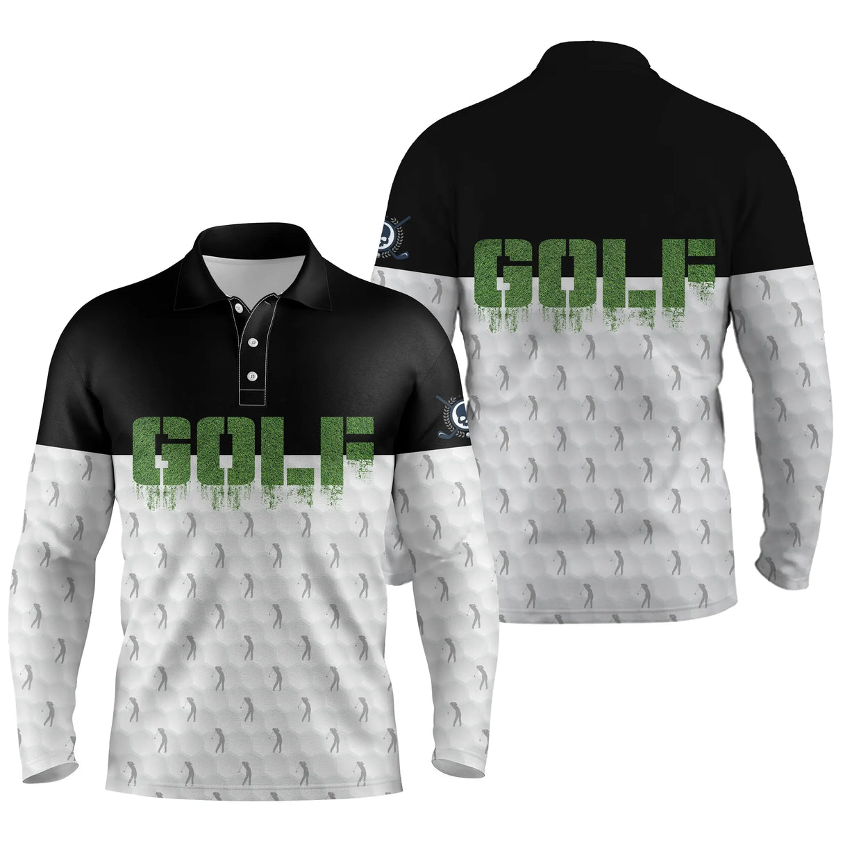 Polo de golf manches longues unisexe noir et blanc lettrage GOLF vert pour parcours frais