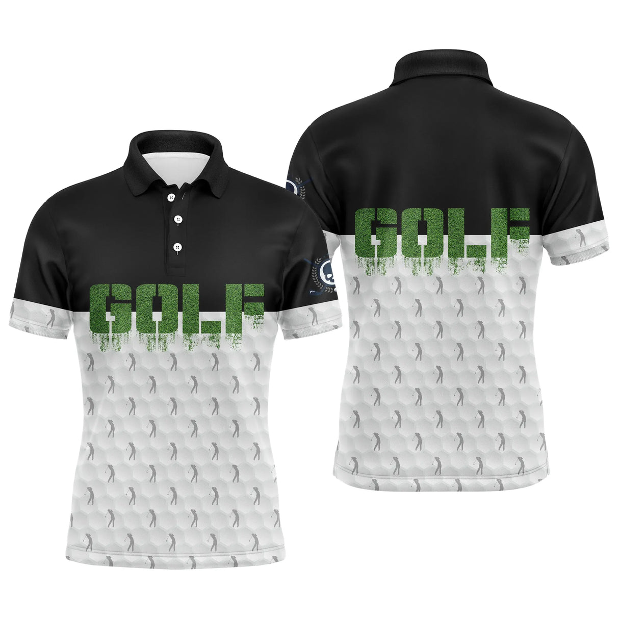 Polo de golf personnalisé homme bicolore noir et blanc texturé balle avec lettrage GOLF vert stylisé