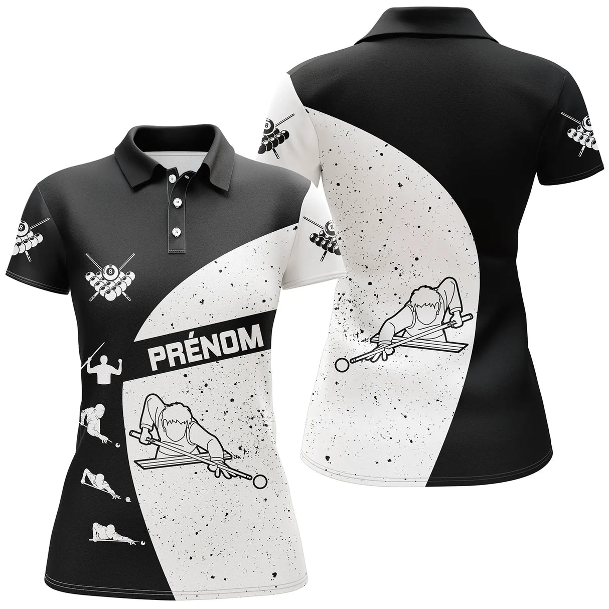 Polo billard noir et blanc femme avec figures de billardistes et points, prénom personnalisé