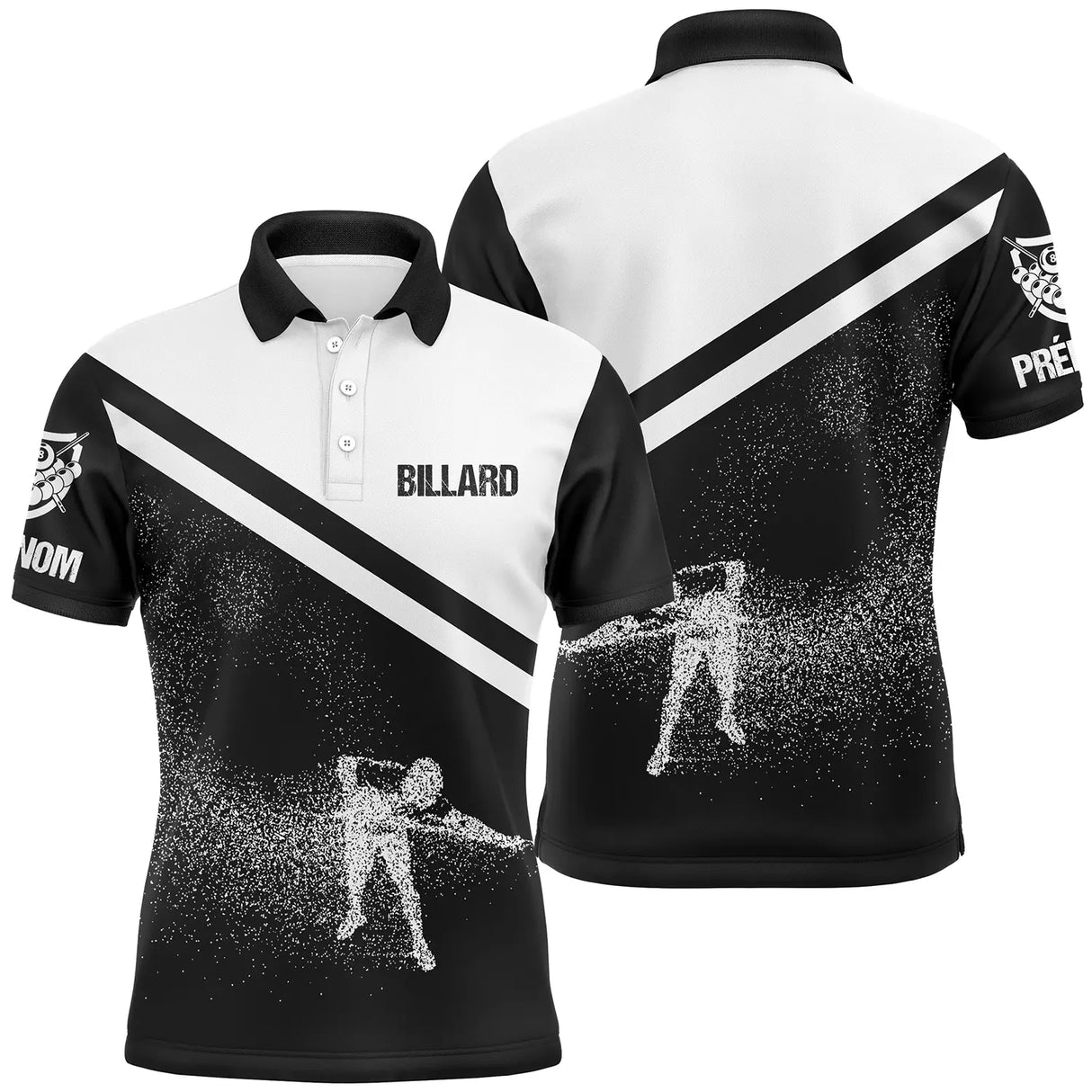 Polo billard noir et blanc homme avec silhouette de joueur en tir et inscription BILLARD, prénom personnalisé