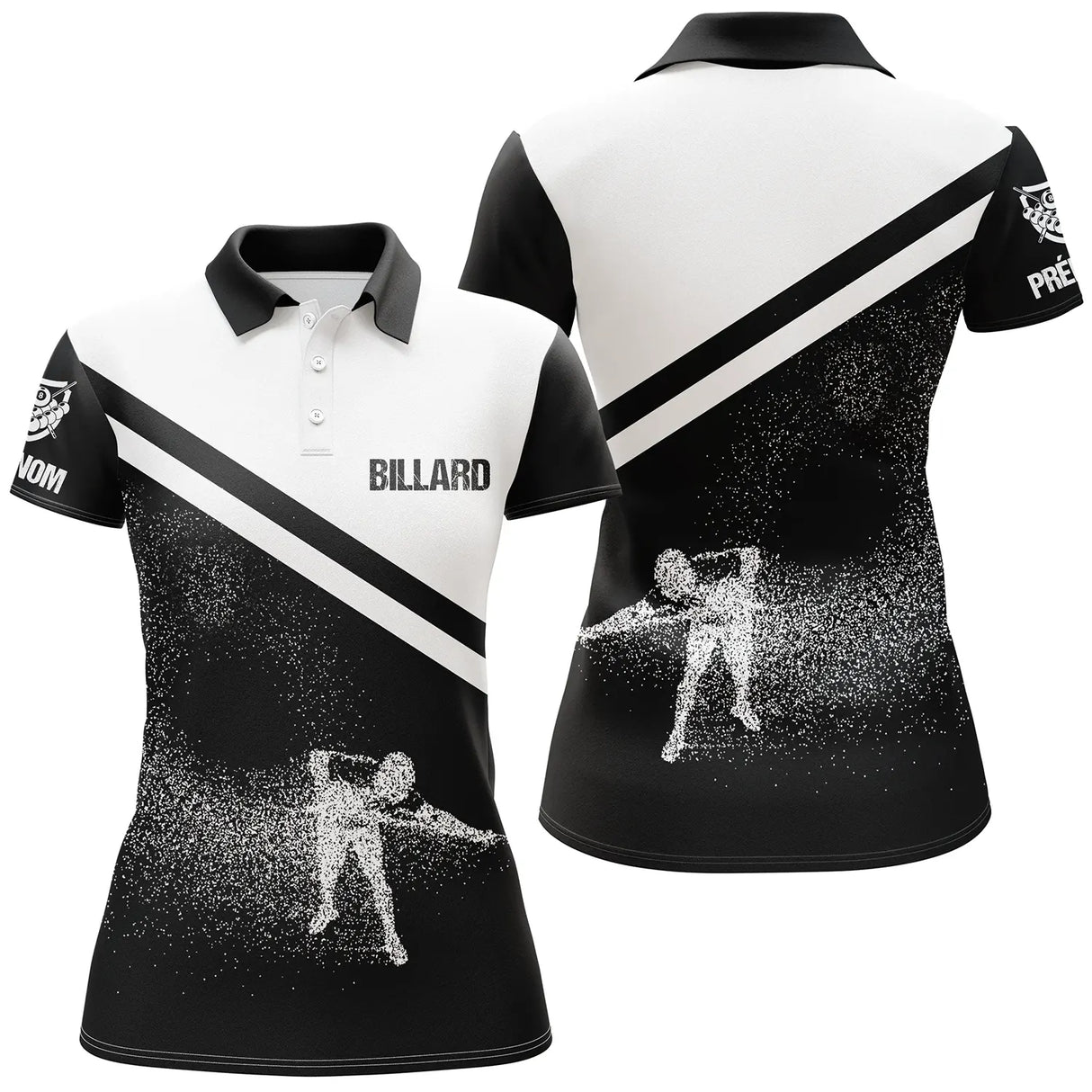 Polo billard noir et blanc femme avec billardiste tirant et BILLARD, prénom personnalisé