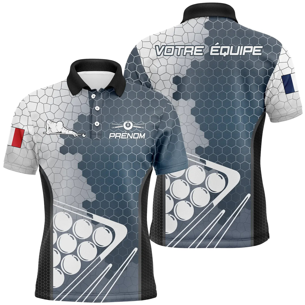 Polo billard bleu et gris hexagonal homme avec triangle de billes et drapeau France, prénom et équipe personnalisés