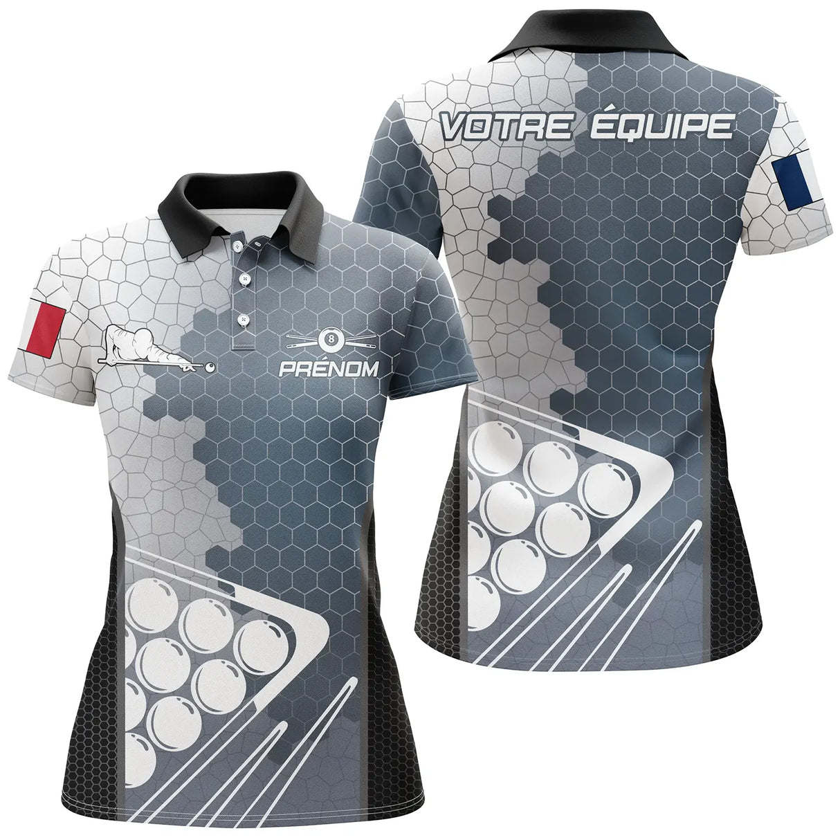 Polo billard bleu et gris femme avec triangle de boules et écusson VOTRE ÉQUIPE, prénom personnalisé