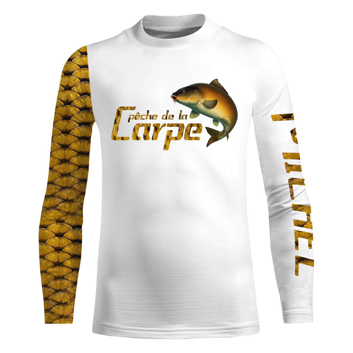 Tee shirt anti UV pêche carpe vue dos, motif buste blanc et manche écailles dorées, vêtement technique pour carpiste session