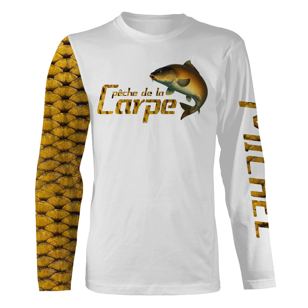 T-shirt manches longues pêche carpe, design carpe bondissante et écailles dorées sur la manche, prénom brodé