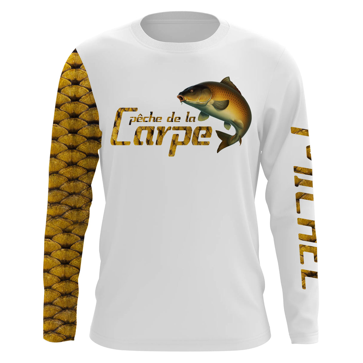 T-shirt anti UV manches longues pêche carpe, manche gauche écailles dorées et buste blanc avec carpe en action, vêtement