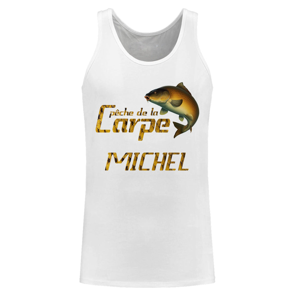 T-shirt halieutique pêche carpe écailles, coupe technique respirante, design bicolore blanc doré, personnalisable prénom