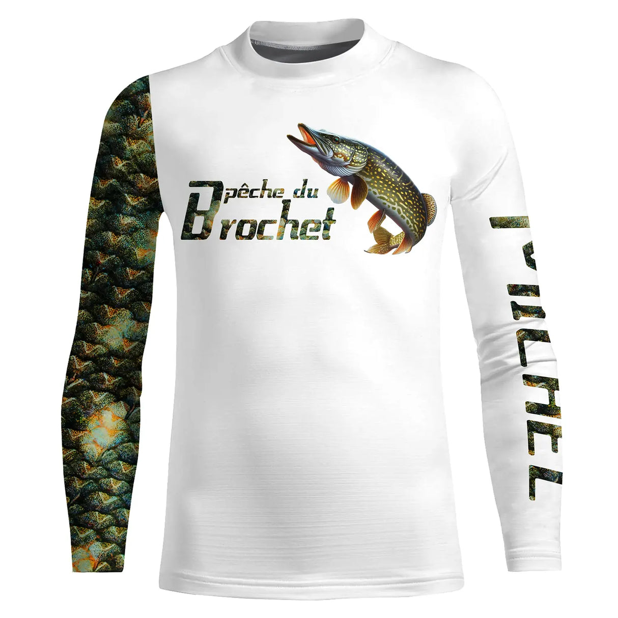 T-shirt manches longues pêche brochet, illustration brochet bondissant et écailles marbrées sur la manche, vêtement