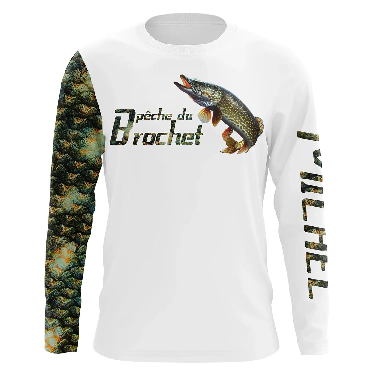 T-shirt anti UV manches longues pêche brochet, manche écailles brun vert et buste blanc avec brochet en action