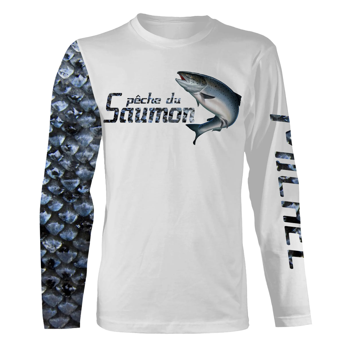 T-shirt manches longues pêche saumon, illustration salmonidé bondissant et écailles bleu marine sur la manche