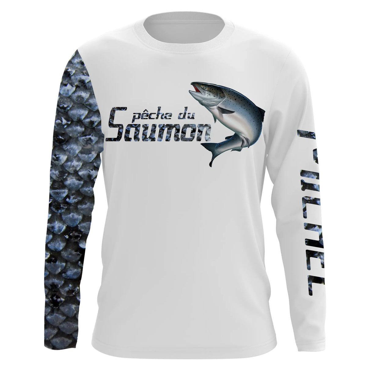 T-shirt anti UV manches longues pêche saumon, manche écailles bleu marine et buste blanc avec saumon en action