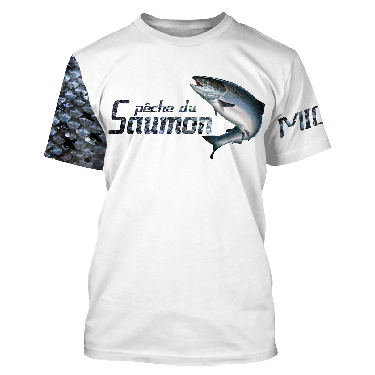 T-shirt manches courtes pêche saumon écailles, manche peau bleu marine et illustration salmonidé, prénom brodé
