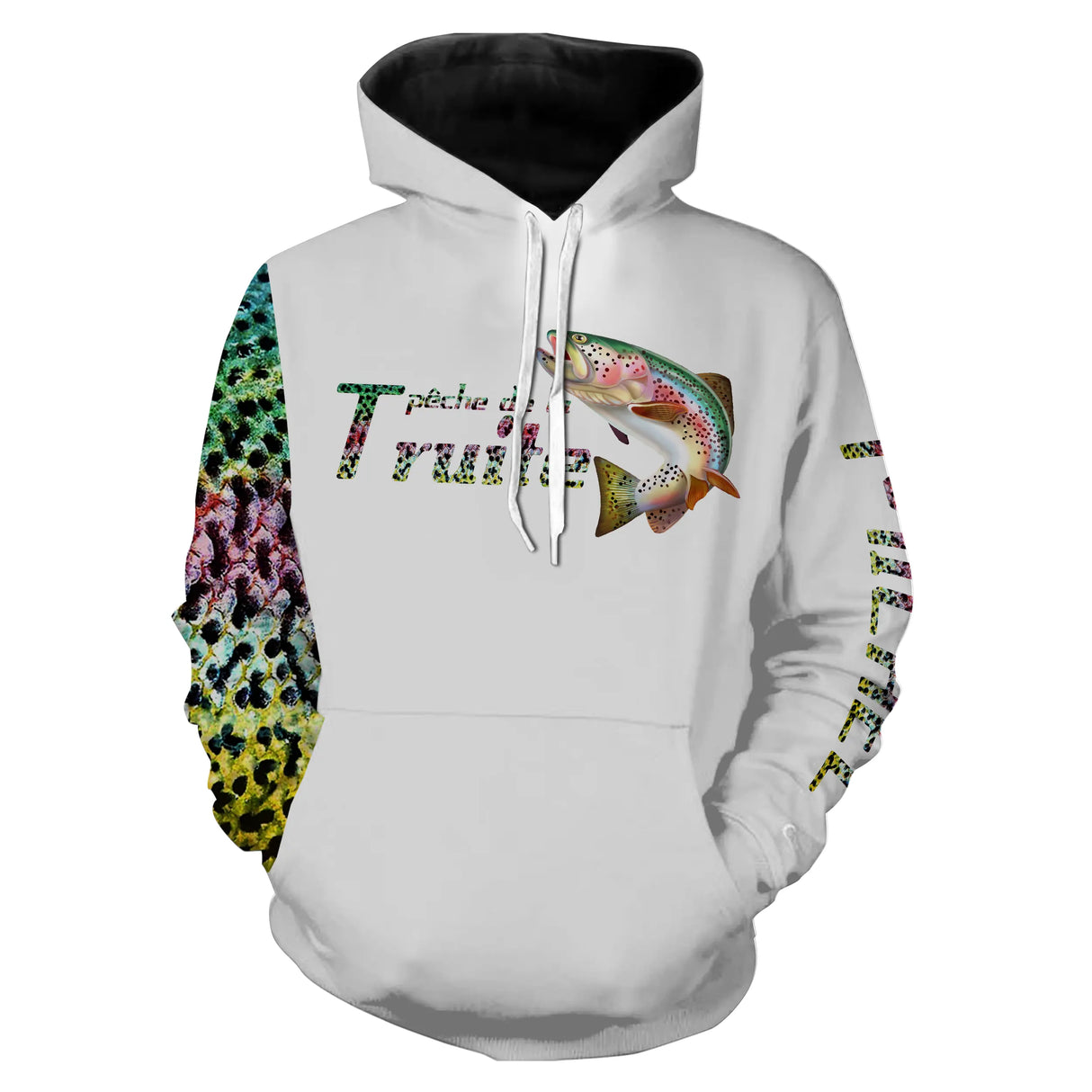 Sweat zippé pêche truite écailles léopard, prénom brodé multicolore, vêtement halieutique moucheur unisexe