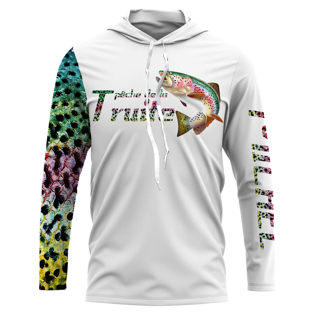 T-shirt anti UV à capuche pêche truite écailles, manche gauche peau léopard multicolore, illustration truite arc-en-ciel