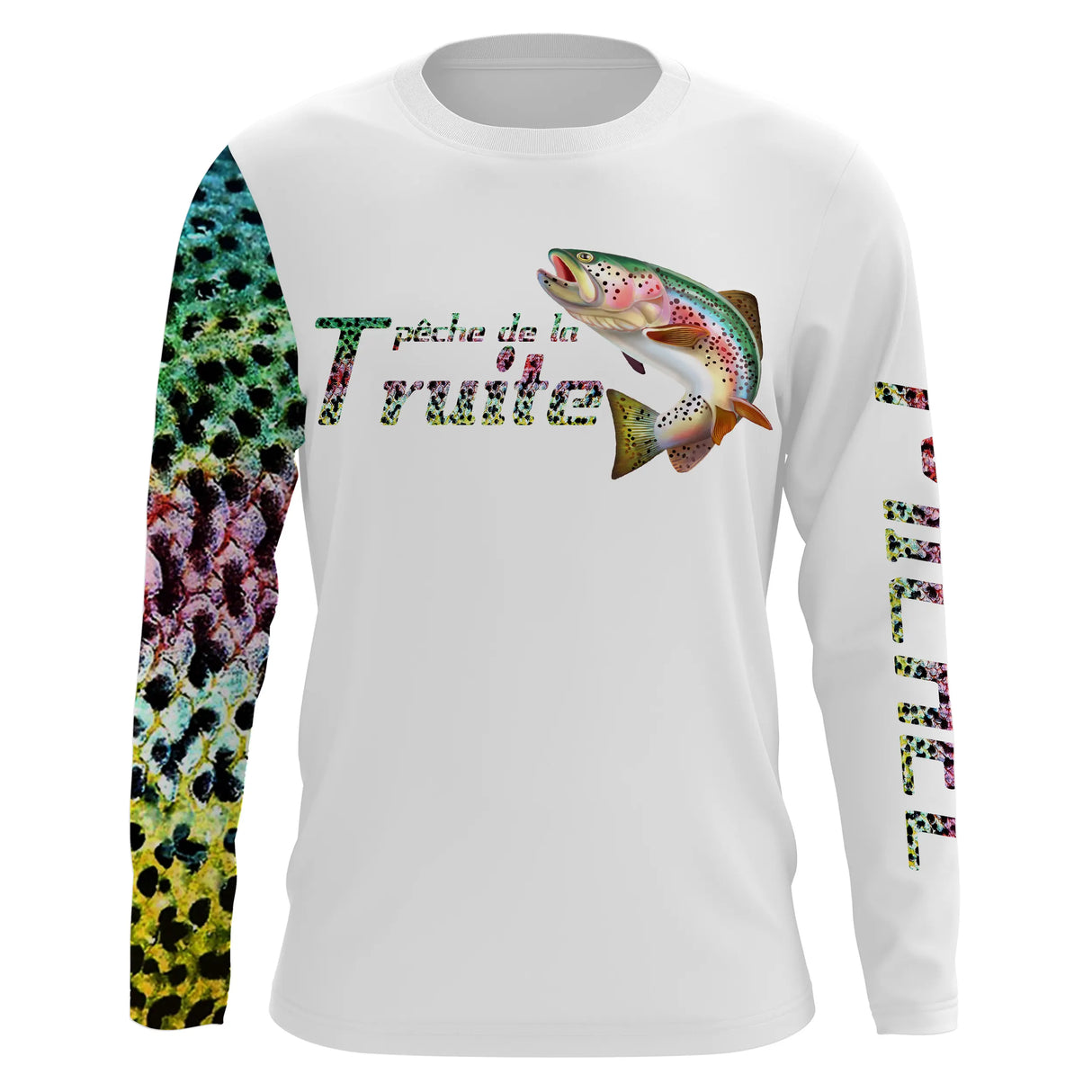 T-shirt anti UV manches longues pêche truite, manche écailles iridescentes rose vert jaune et buste blanc